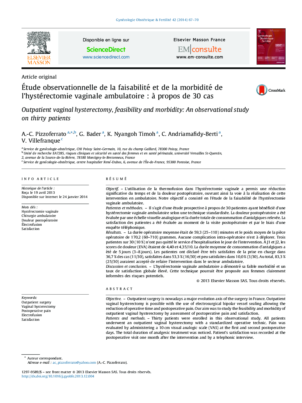 Étude observationnelle de la faisabilité et de la morbidité de l’hystérectomie vaginale ambulatoire : à propos de 30 cas