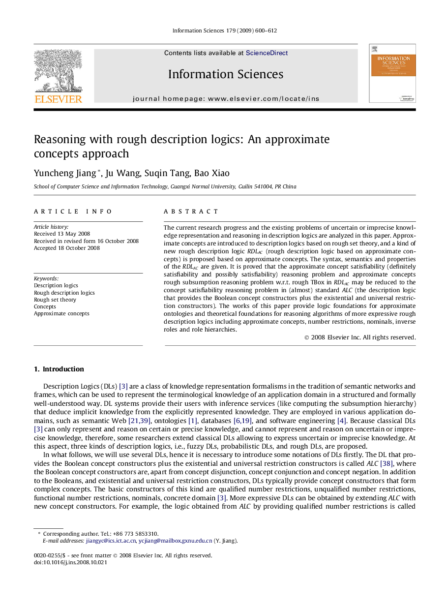 Reasoning with rough description logics: An approximate concepts approach