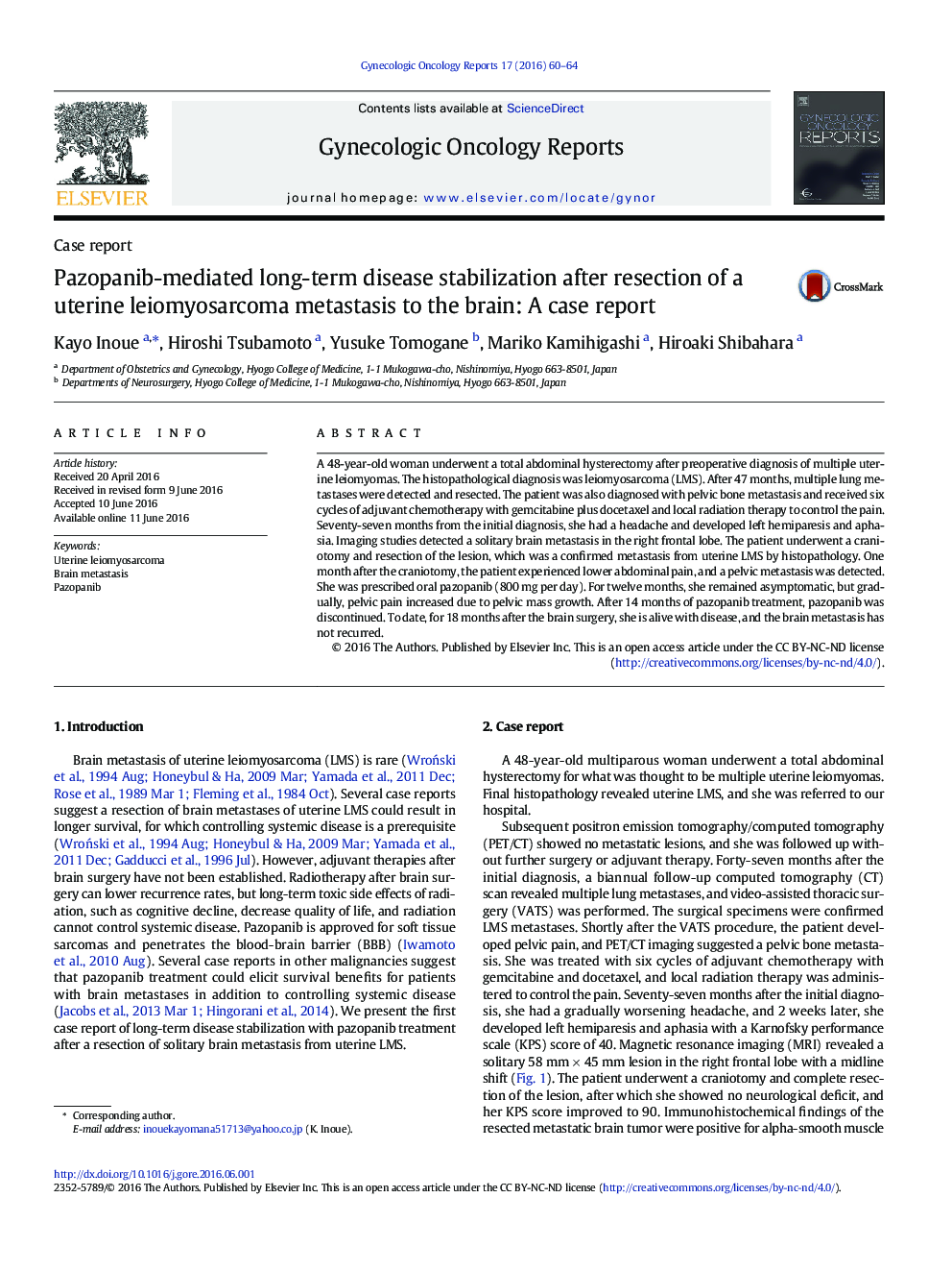 Pazopanib-mediated long-term disease stabilization after resection of a uterine leiomyosarcoma metastasis to the brain: A case report