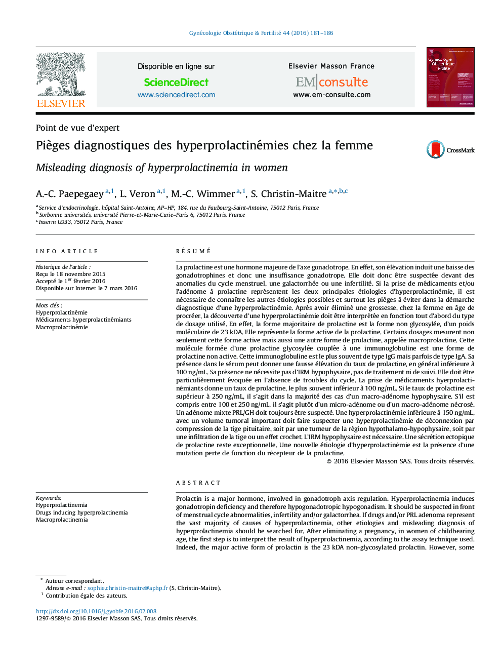 عکس صفحه اول مقاله: Pièges diagnostiques des hyperprolactinémies chez la femme Pièges diagnostiques des hyperprolactinémies chez la femme
