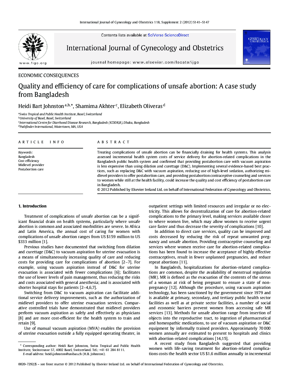 Quality and efficiency of care for complications of unsafe abortion: A case study from Bangladesh