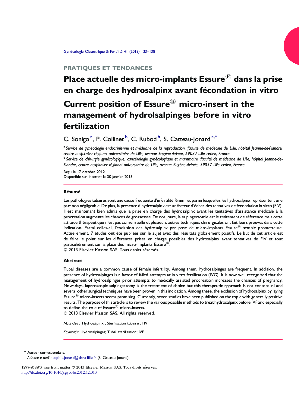 Place actuelle des micro-implants Essure® dans la prise en charge des hydrosalpinx avant fécondation in vitro