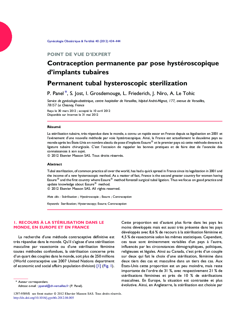 Contraception permanente par pose hystéroscopique d’implants tubaires