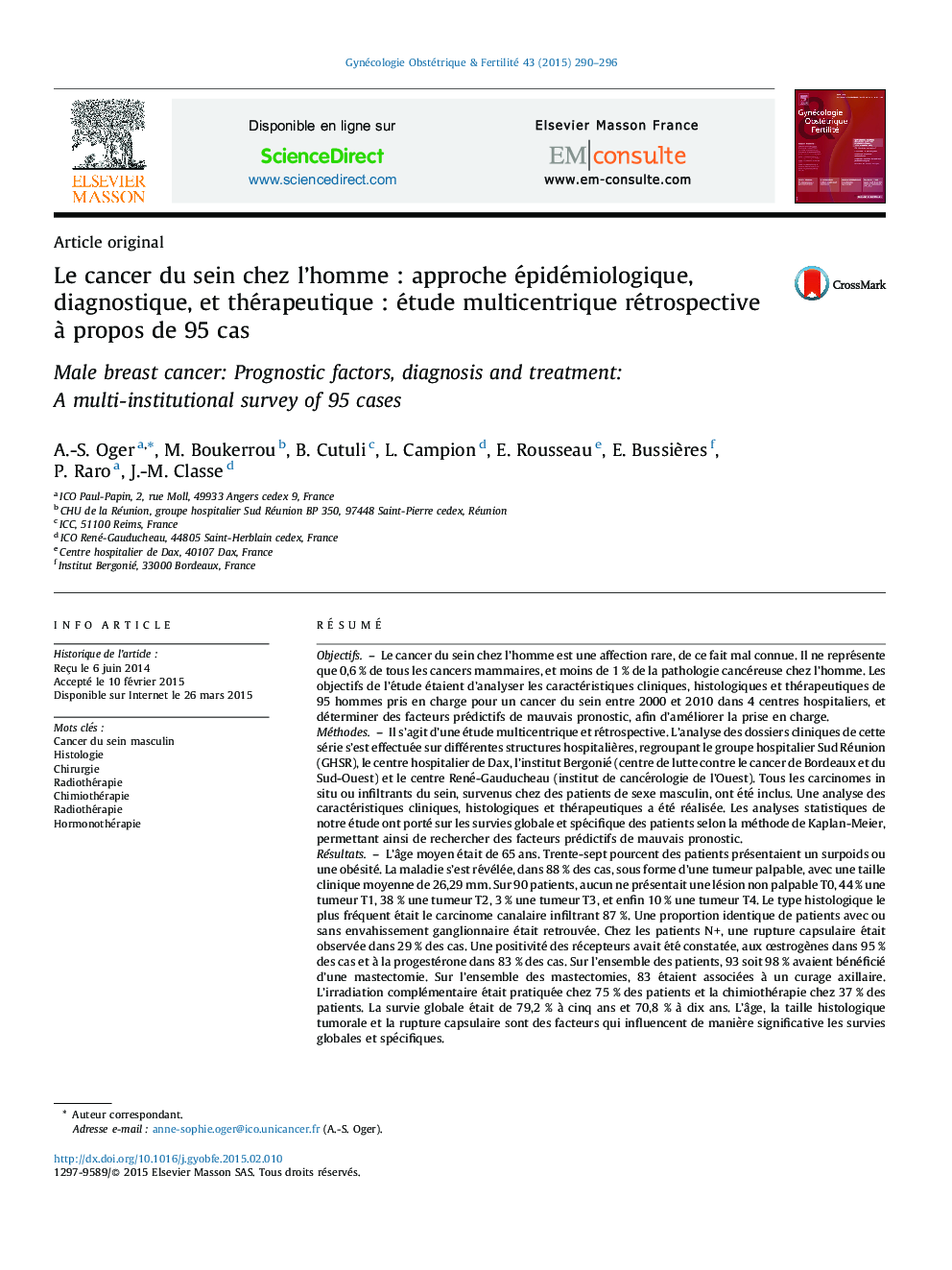 Le cancer du sein chez l’homme : approche épidémiologique, diagnostique, et thérapeutique : étude multicentrique rétrospective à propos de 95 cas