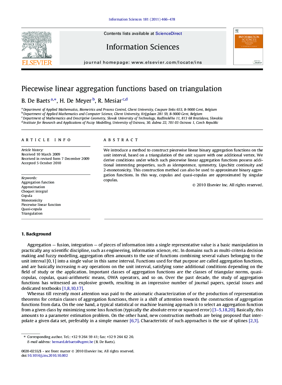 Piecewise linear aggregation functions based on triangulation