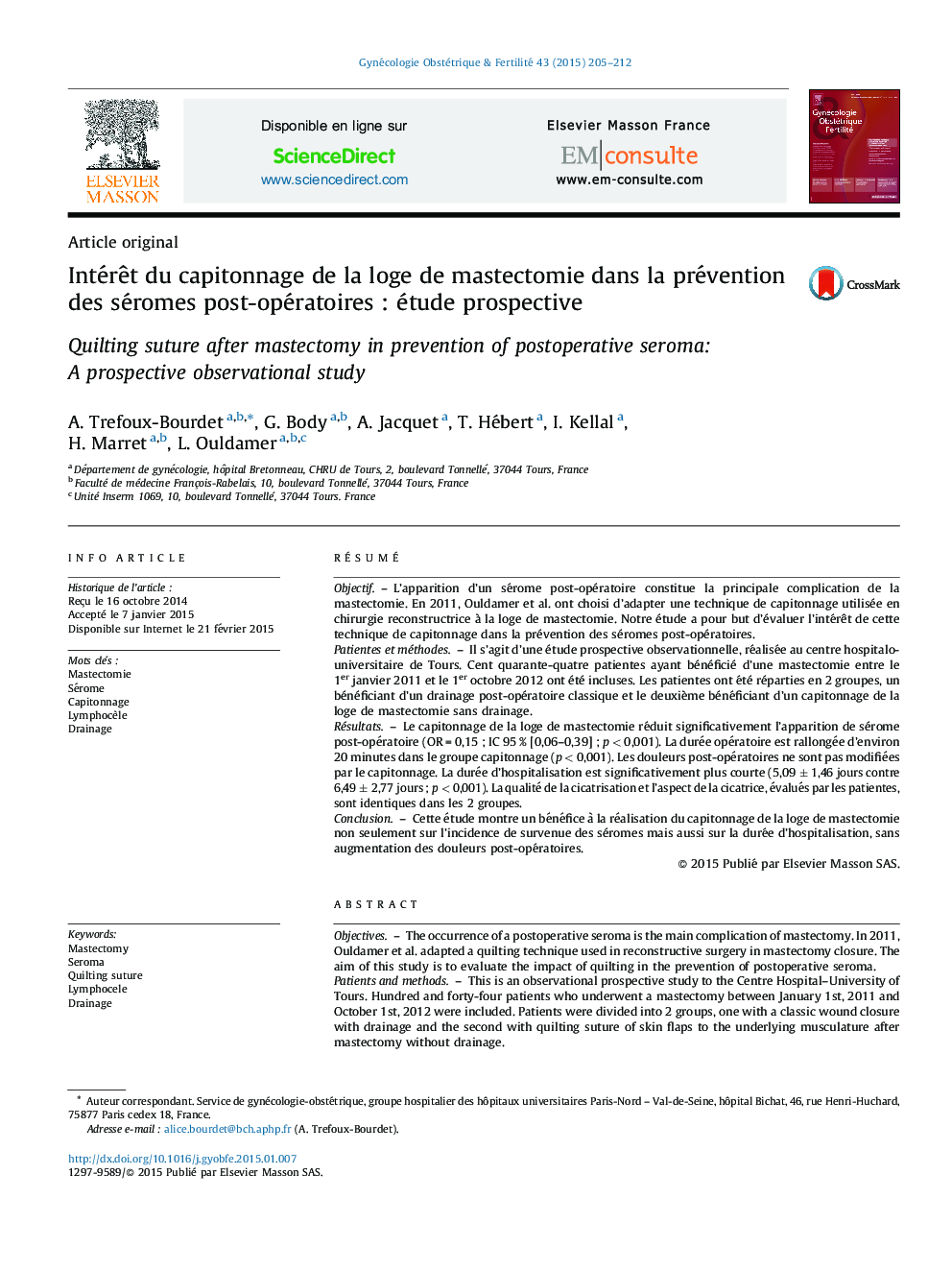 Intérêt du capitonnage de la loge de mastectomie dans la prévention des séromes post-opératoires : étude prospective