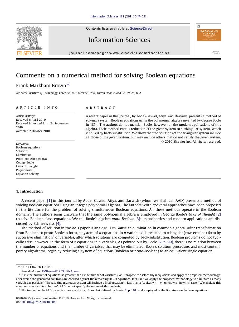 Comments on a numerical method for solving Boolean equations