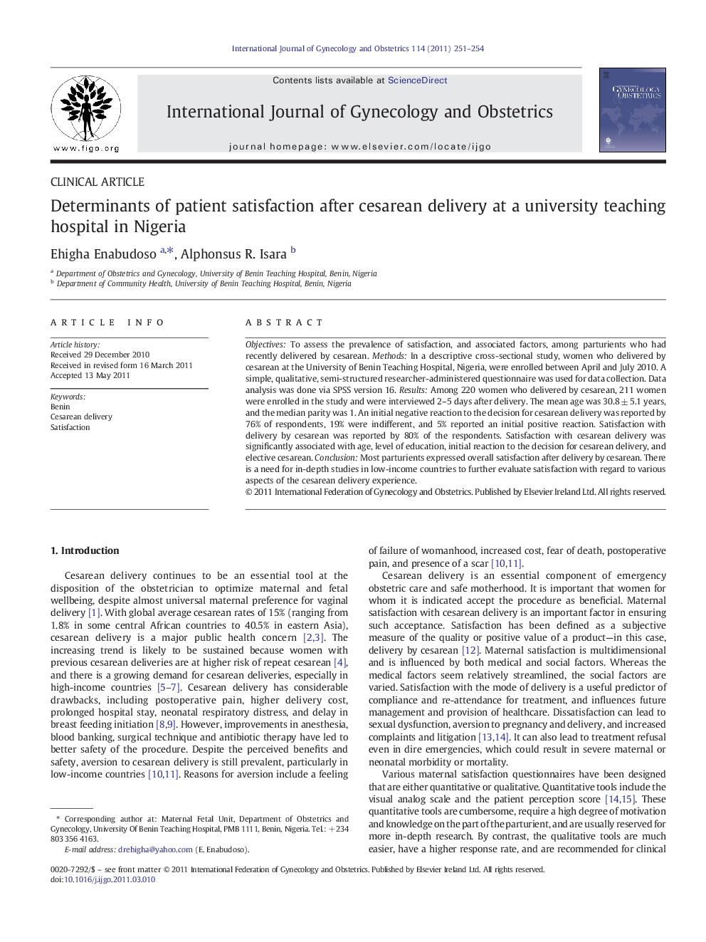 Determinants of patient satisfaction after cesarean delivery at a university teaching hospital in Nigeria