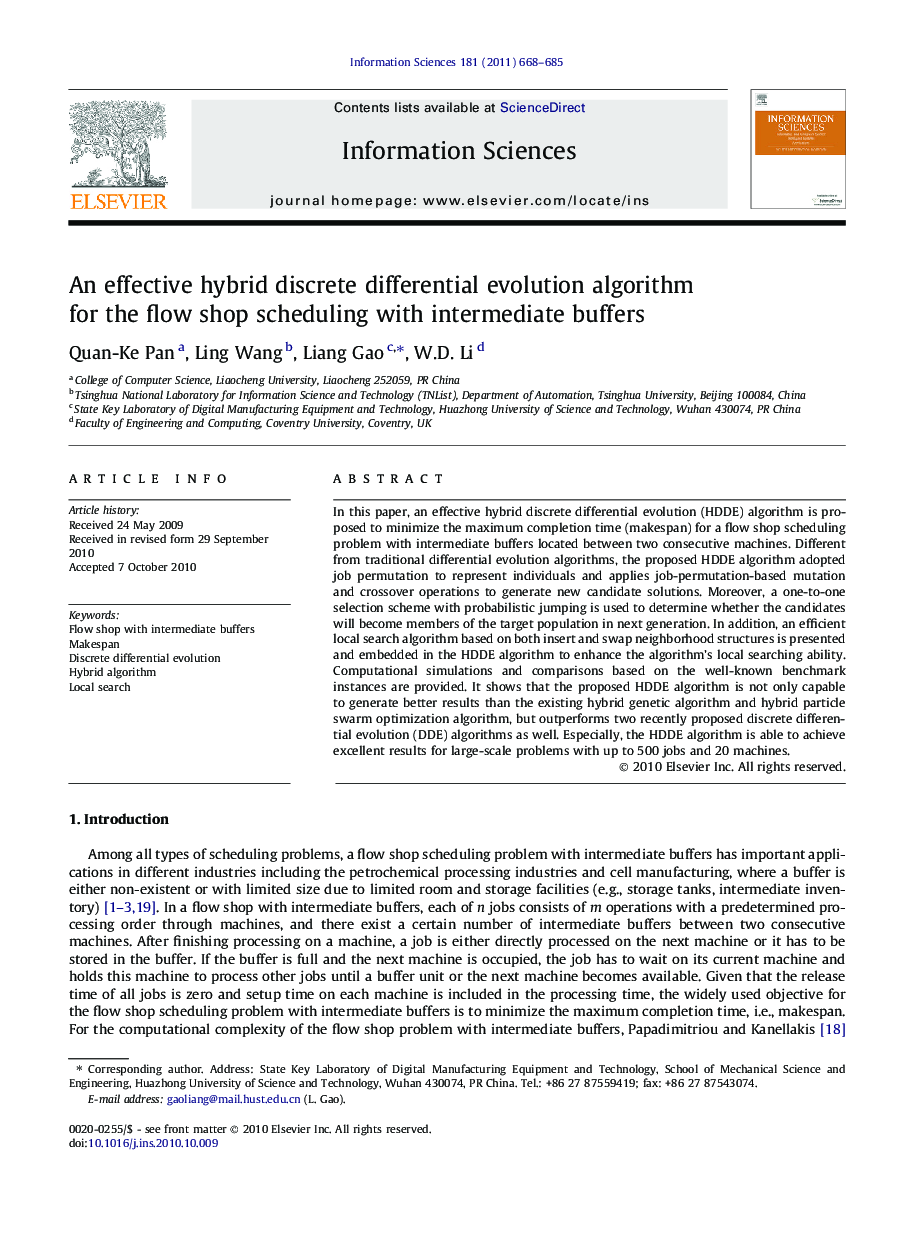 عکس صفحه اول مقاله: An effective hybrid discrete differential evolution algorithm for the flow shop scheduling with intermediate buffers An effective hybrid discrete differential evolution algorithm for the flow shop scheduling with intermediate buffers