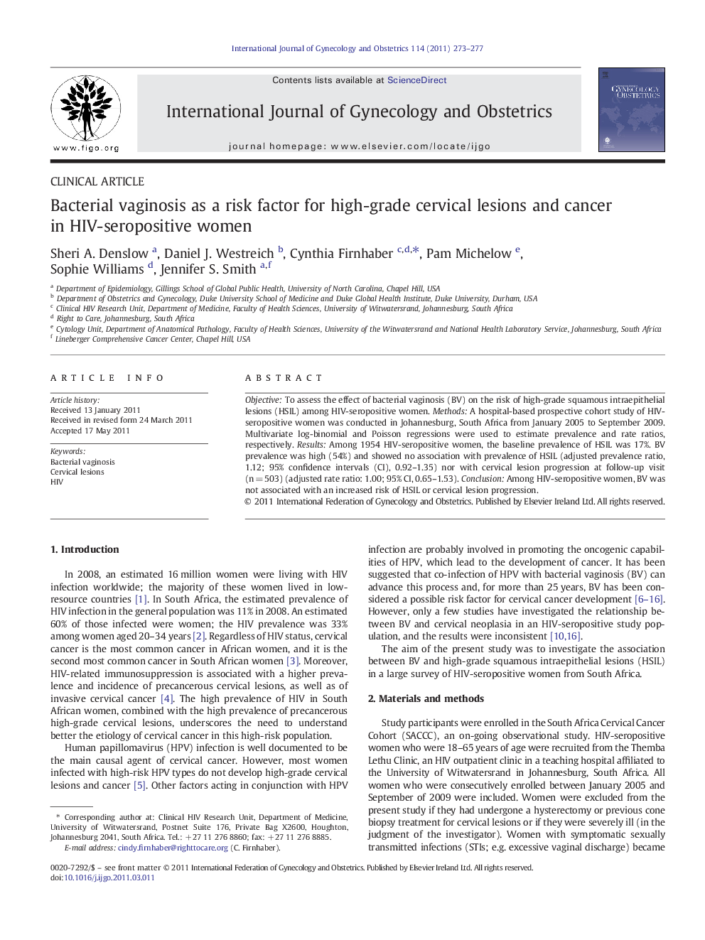 Bacterial vaginosis as a risk factor for high-grade cervical lesions and cancer in HIV-seropositive women