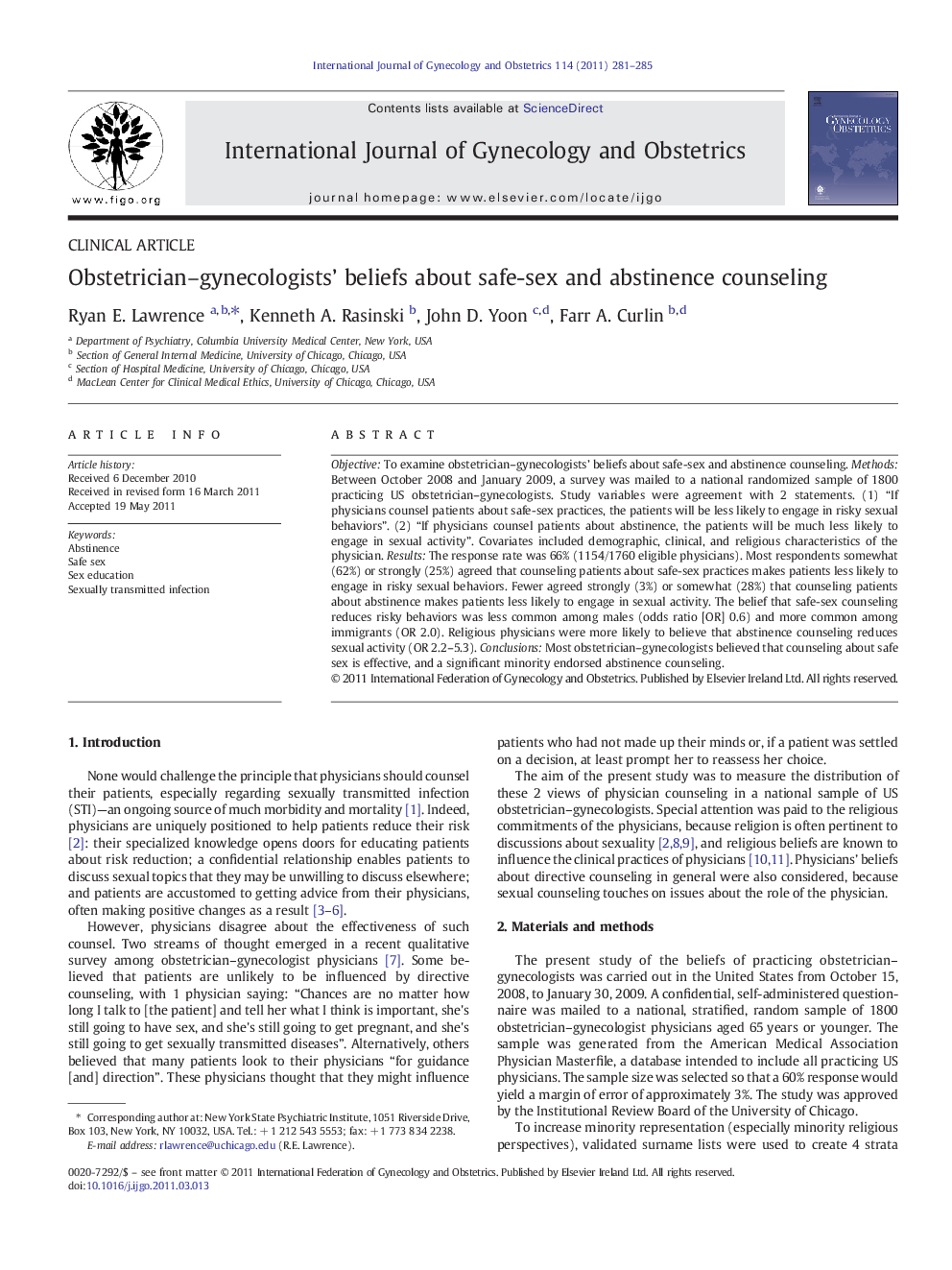 Obstetrician–gynecologists’ beliefs about safe-sex and abstinence counseling