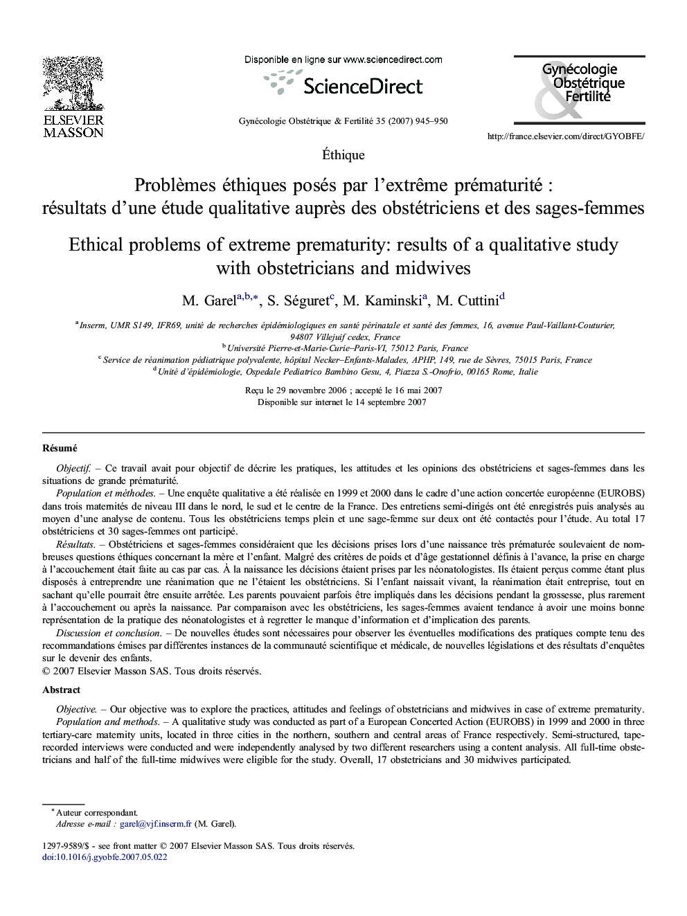 Problèmes éthiques posés par l'extrême prématurité : résultats d'une étude qualitative auprès des obstétriciens et des sages-femmes