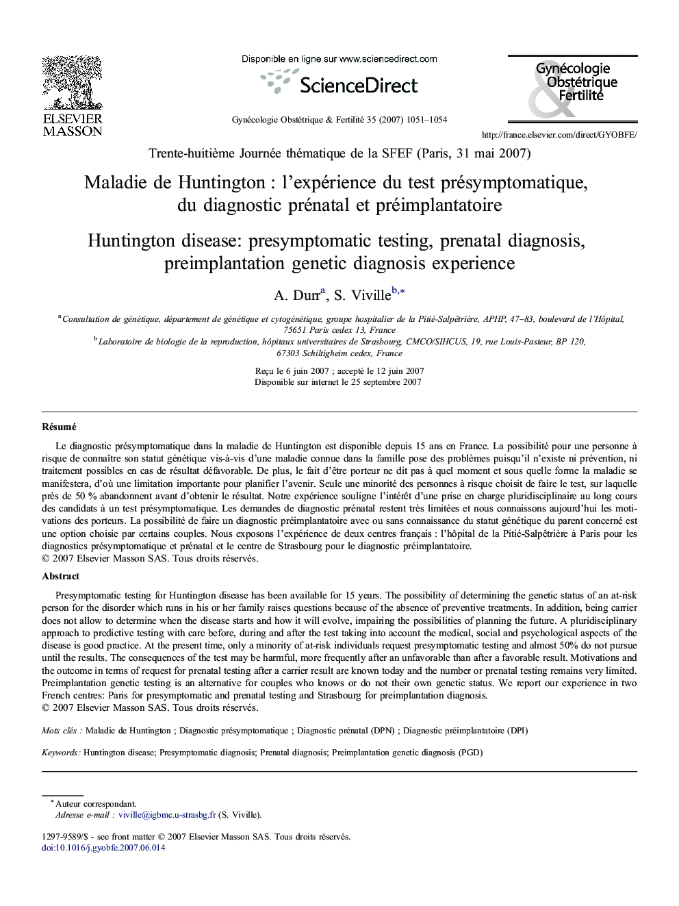 Maladie de Huntington : l'expérience du test présymptomatique, du diagnostic prénatal et préimplantatoire