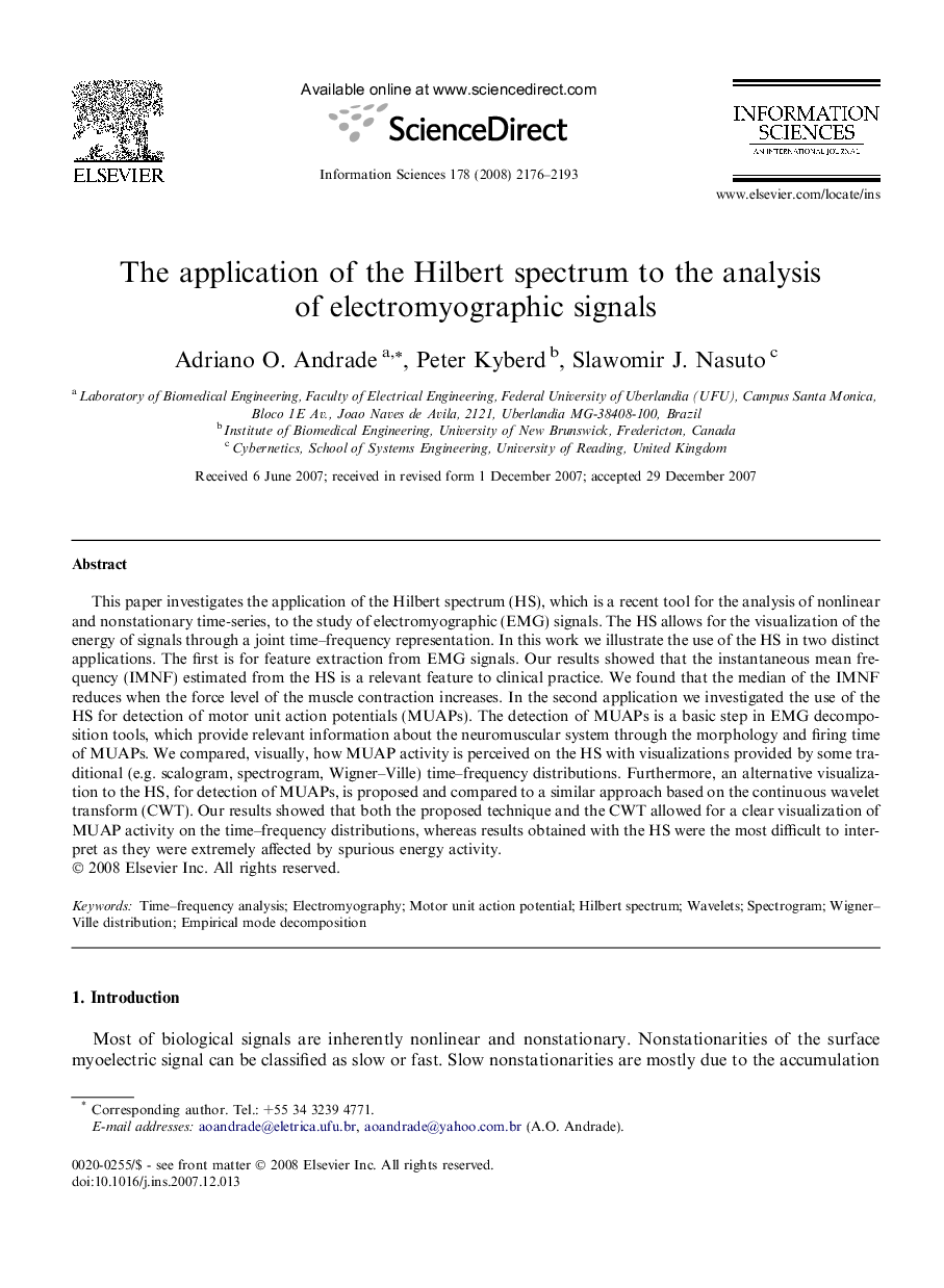 The application of the Hilbert spectrum to the analysis of electromyographic signals