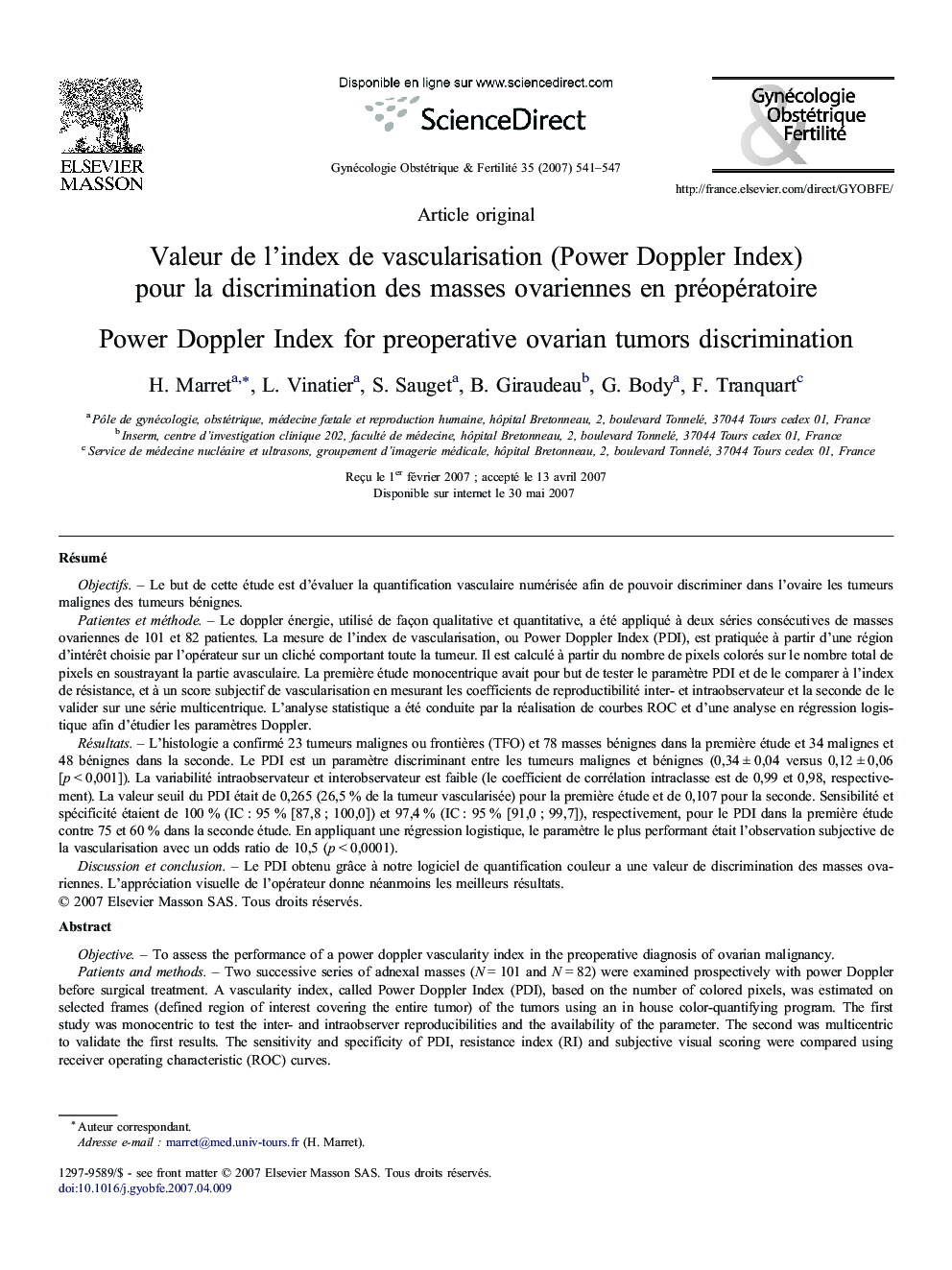 Valeur deÂ l'index deÂ vascularisation (Power Doppler Index) pourÂ laÂ discrimination desÂ masses ovariennes enÂ préopératoire