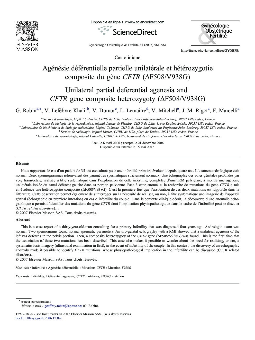 Agénésie déférentielle partielle unilatérale et hétérozygotie composite du gène CFTR (ΔF508/V938G)