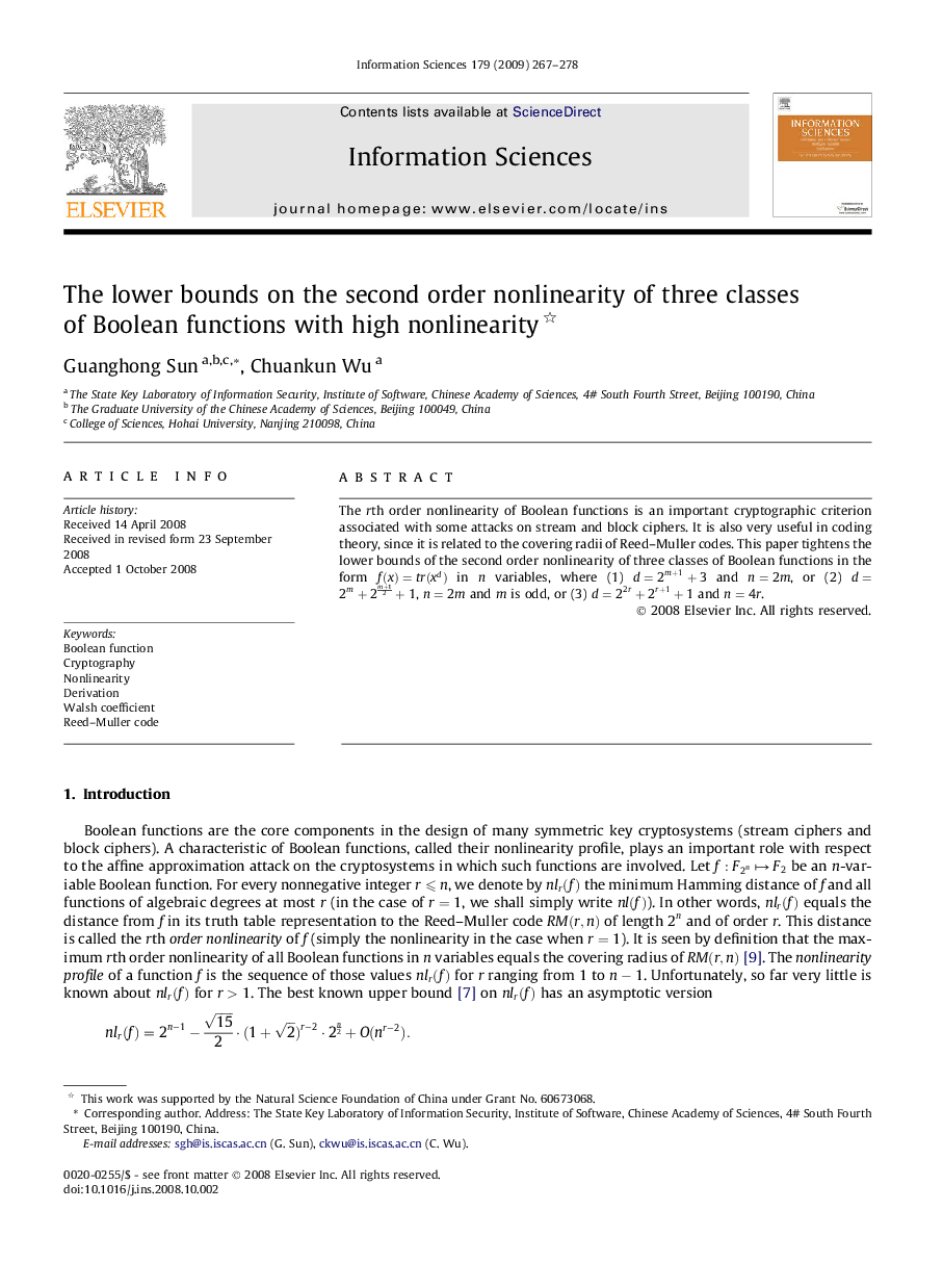 عکس صفحه اول مقاله: The lower bounds on the second order nonlinearity of three classes of Boolean functions with high nonlinearity The lower bounds on the second order nonlinearity of three classes of Boolean functions with high nonlinearity