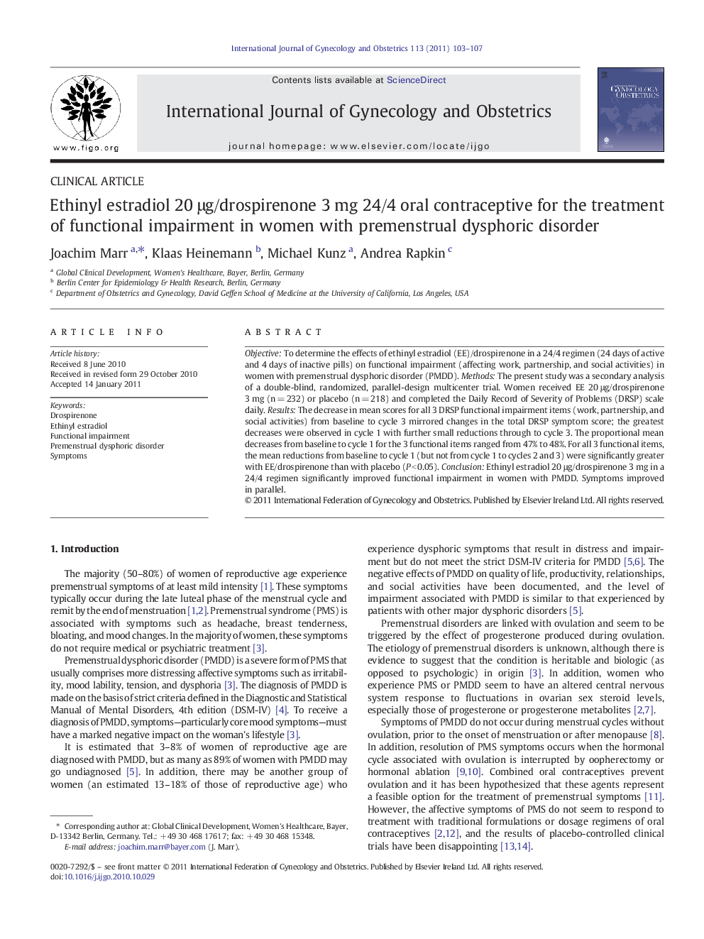 Ethinyl estradiol 20 μg/drospirenone 3 mg 24/4 oral contraceptive for the treatment of functional impairment in women with premenstrual dysphoric disorder