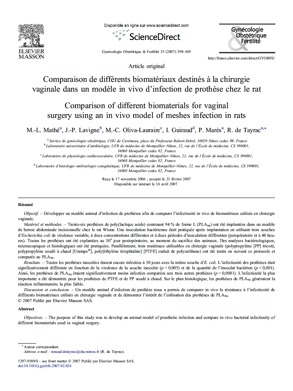 Comparaison de différents biomatériaux destinés à la chirurgie vaginale dans un modèle in vivo d'infection de prothèse chez le rat