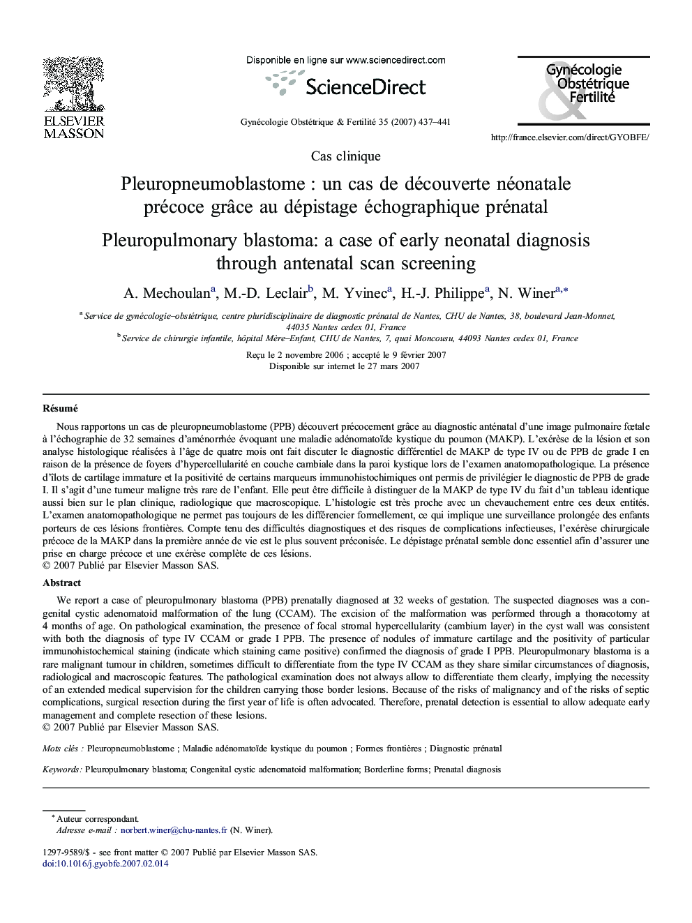 Pleuropneumoblastome : un cas de découverte néonatale précoce grâce au dépistage échographique prénatal