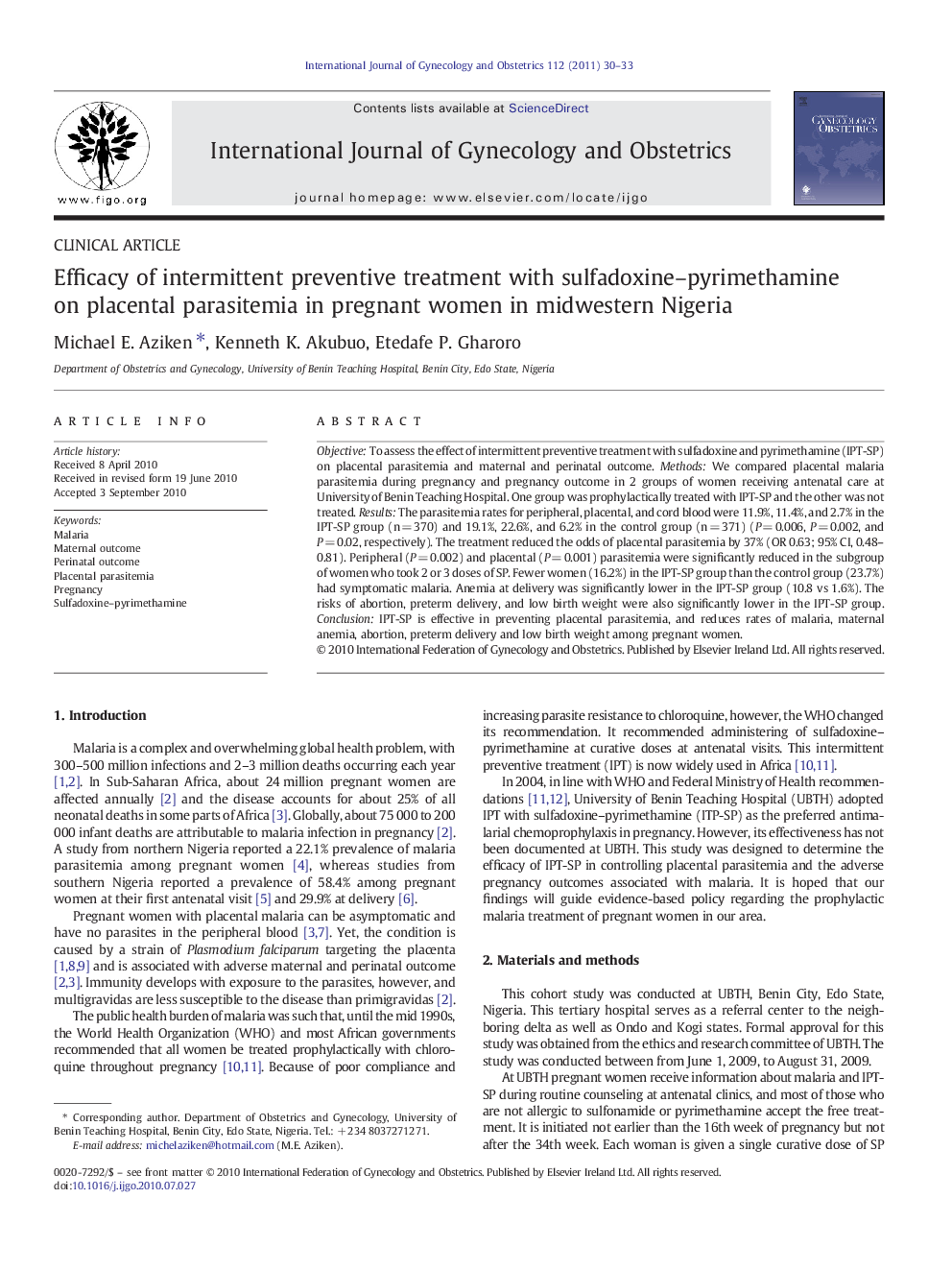 Efficacy of intermittent preventive treatment with sulfadoxine–pyrimethamine on placental parasitemia in pregnant women in midwestern Nigeria