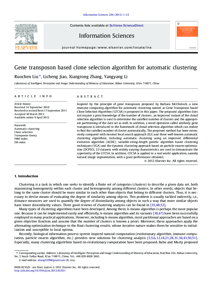 Gene transposon based clone selection algorithm for automatic clustering