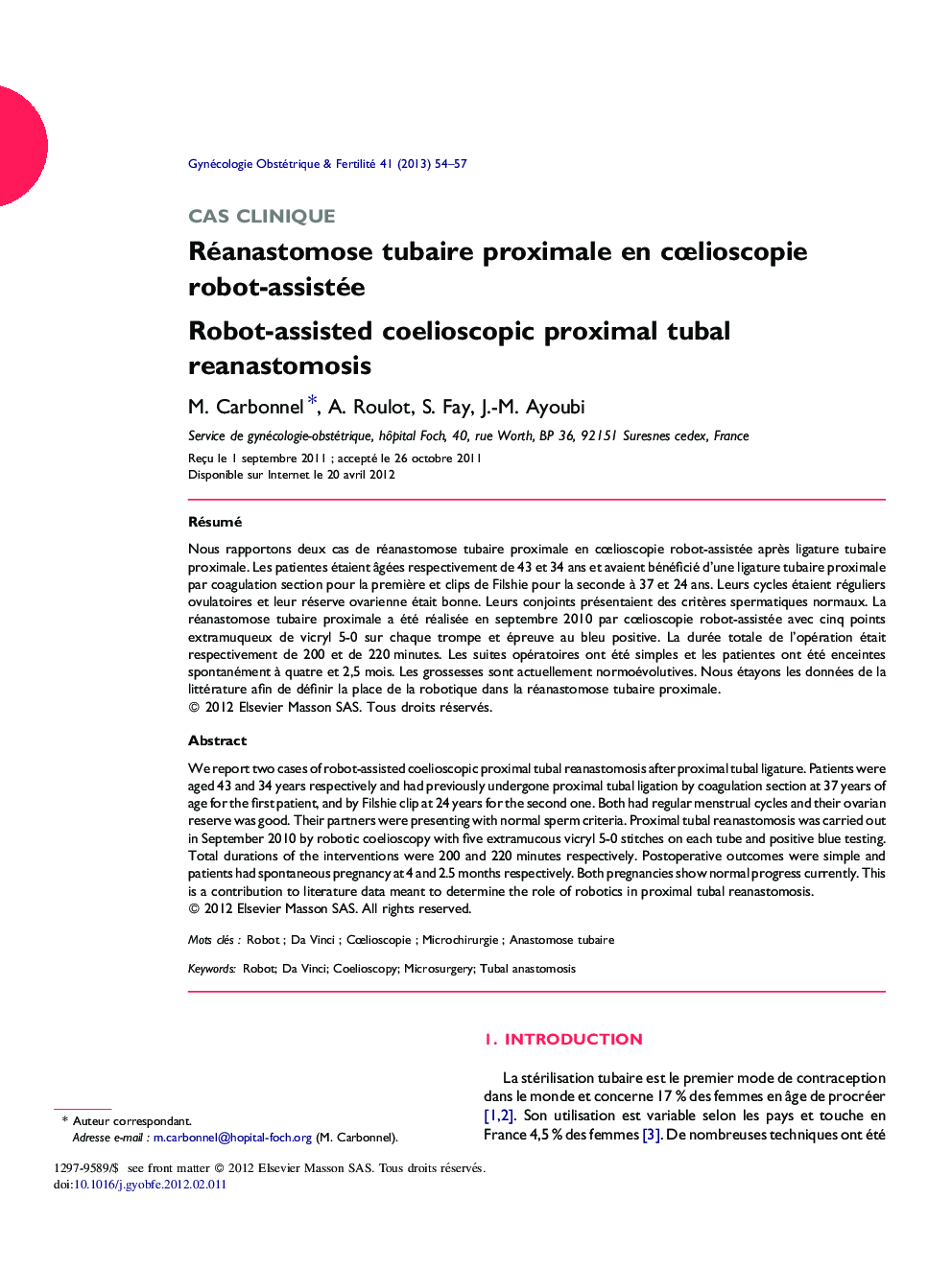 Réanastomose tubaire proximale en cœlioscopie robot-assistée