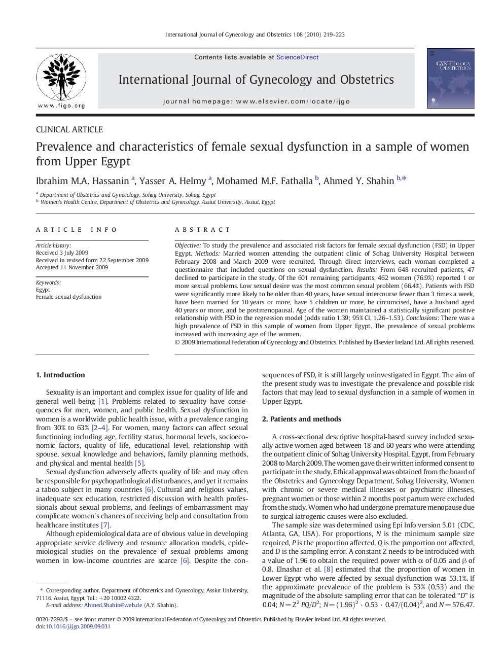 Prevalence and characteristics of female sexual dysfunction in a sample of women from Upper Egypt