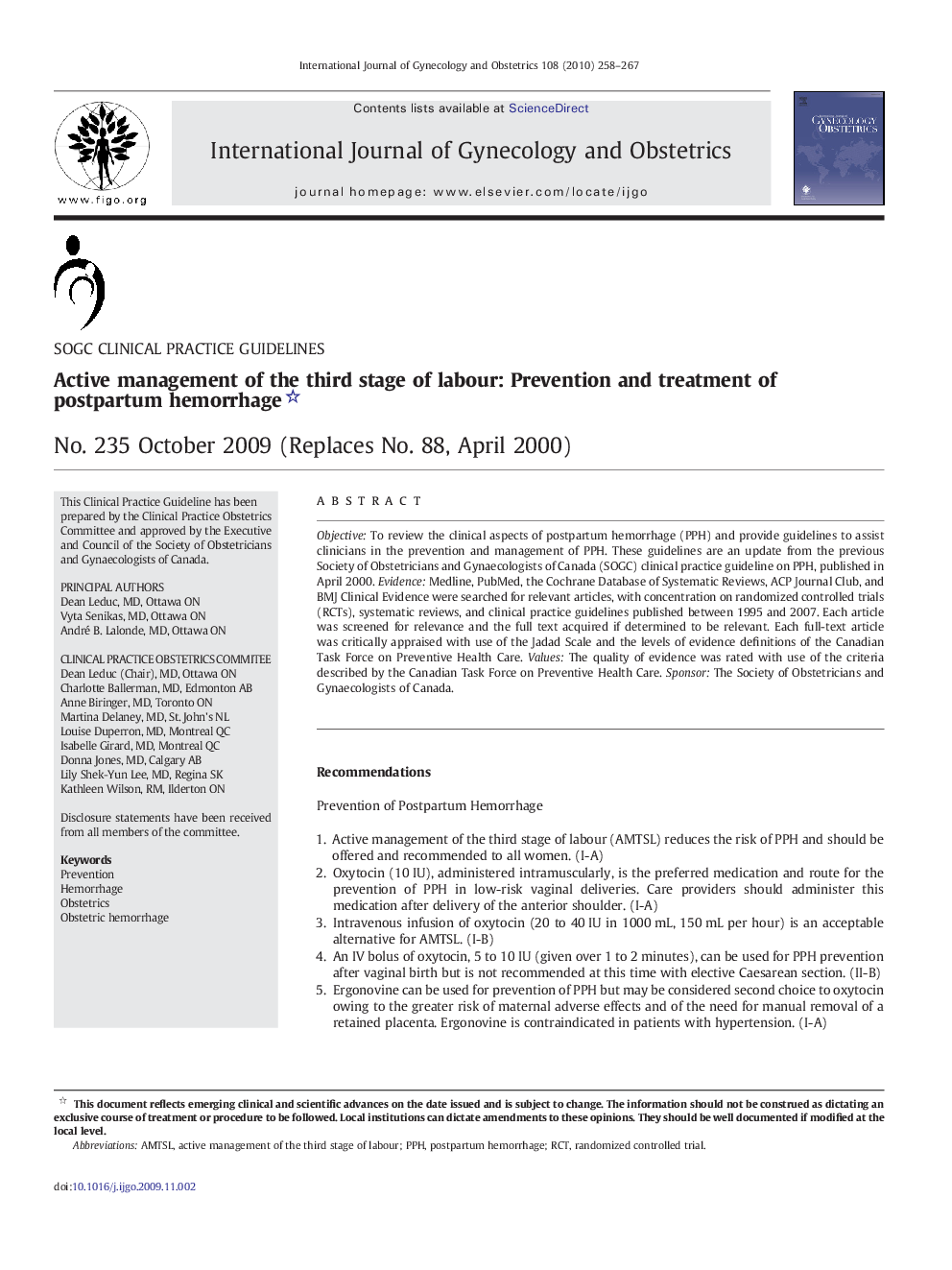 Active management of the third stage of labour: Prevention and treatment of postpartum hemorrhage: No. 235 October 2009 (Replaces No. 88, April 2000) 