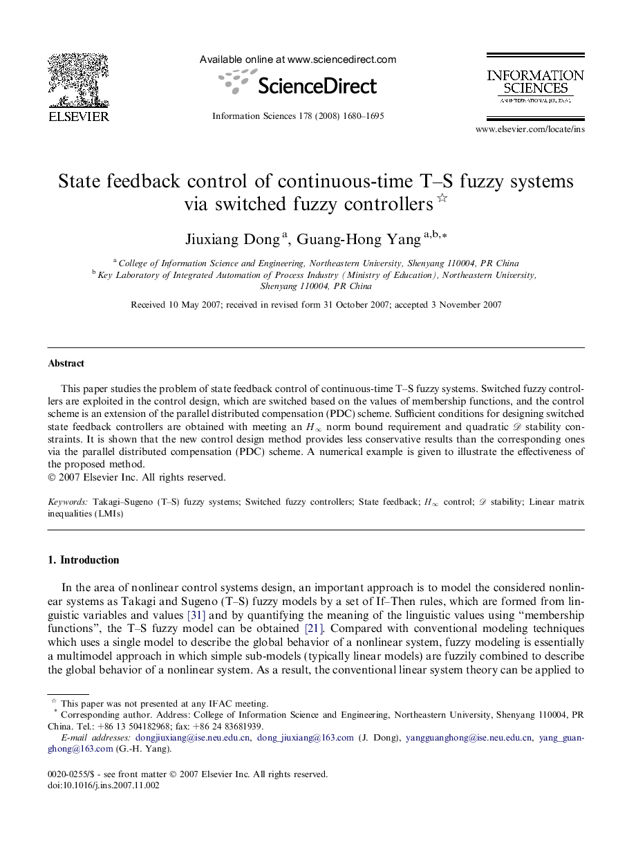 State feedback control of continuous-time T–S fuzzy systems via switched fuzzy controllers 