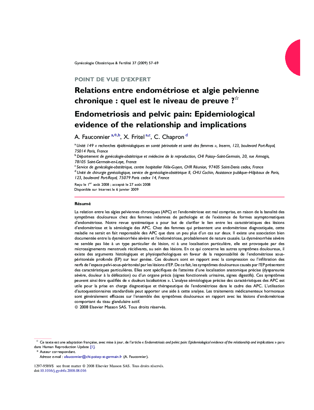 Relations entre endométriose et algie pelvienne chronique : quel est le niveau de preuve ? 