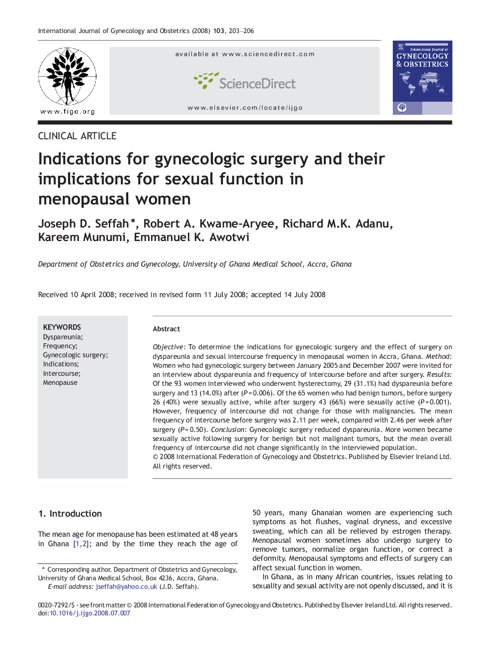 Indications for gynecologic surgery and their implications for sexual function in menopausal women