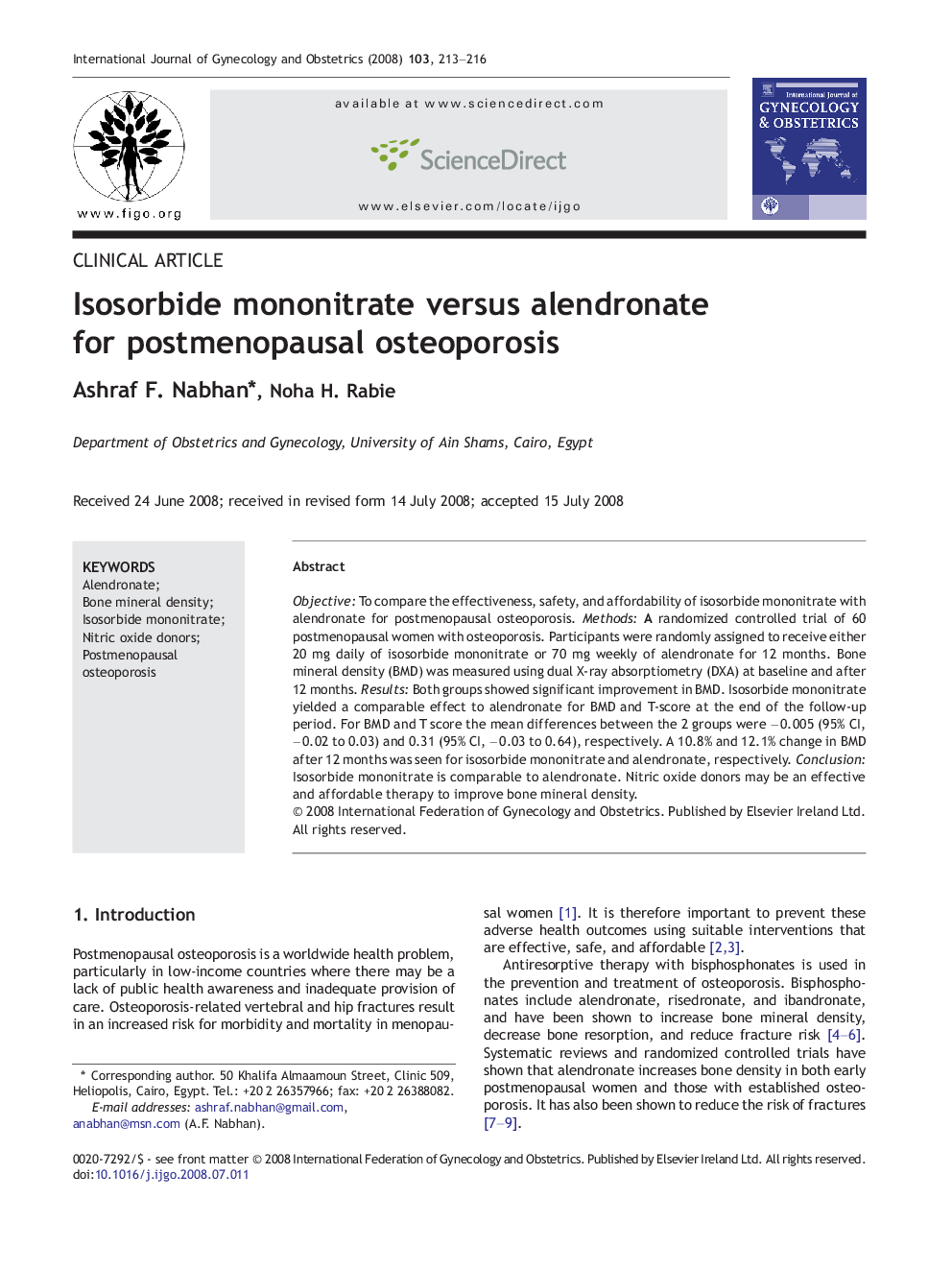 Isosorbide mononitrate versus alendronate for postmenopausal osteoporosis