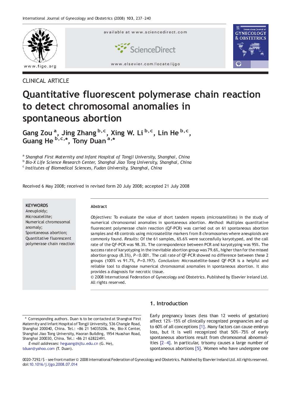 Quantitative fluorescent polymerase chain reaction to detect chromosomal anomalies in spontaneous abortion