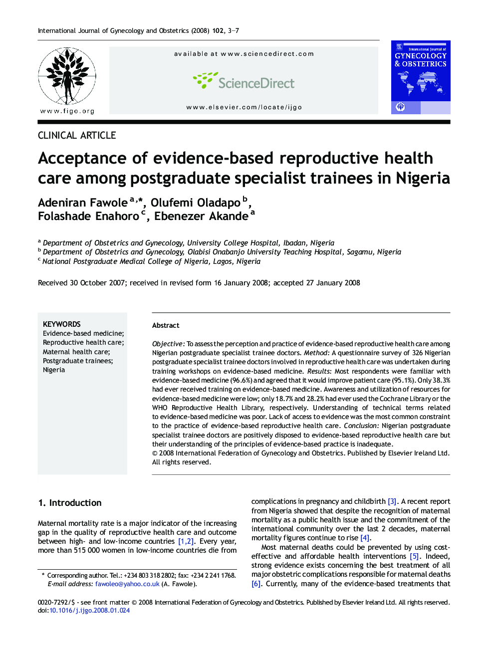 Acceptance of evidence-based reproductive health care among postgraduate specialist trainees in Nigeria