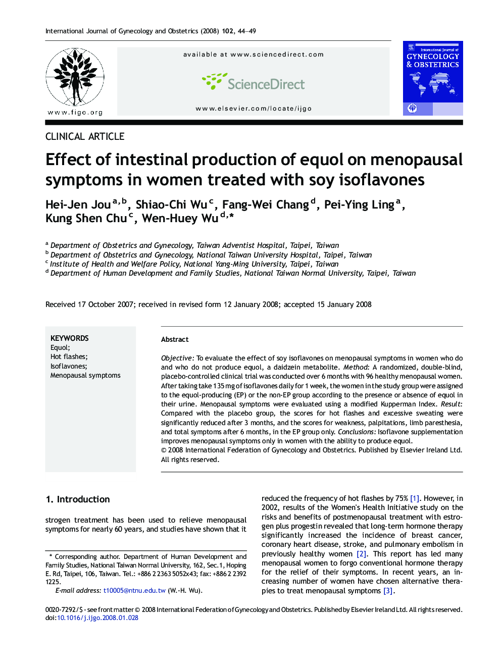 Effect of intestinal production of equol on menopausal symptoms in women treated with soy isoflavones