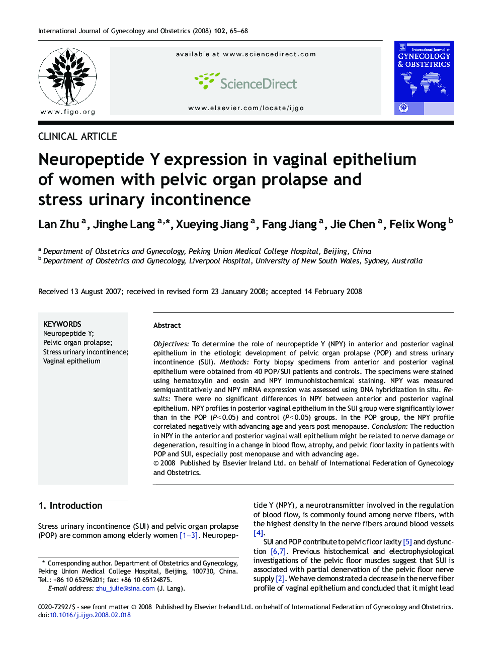 Neuropeptide Y expression in vaginal epithelium of women with pelvic organ prolapse and stress urinary incontinence