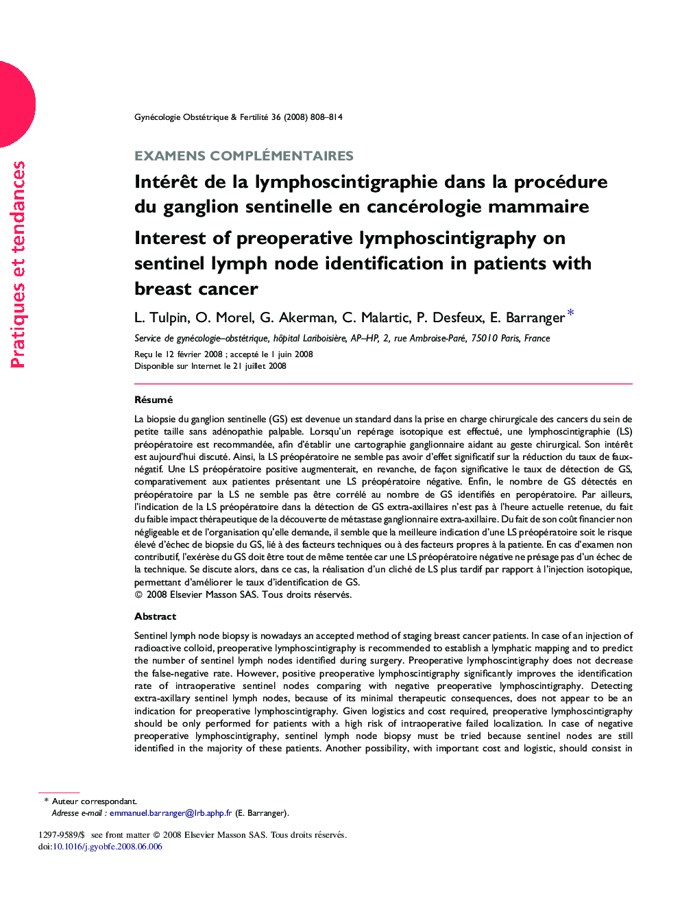 Intérêt de la lymphoscintigraphie dans la procédure du ganglion sentinelle en cancérologie mammaire