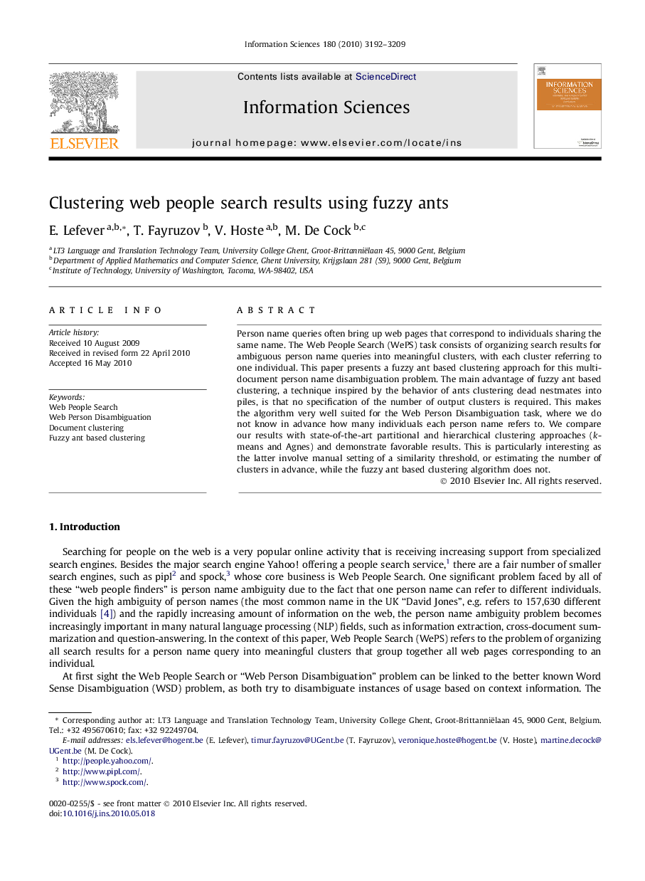 Clustering web people search results using fuzzy ants