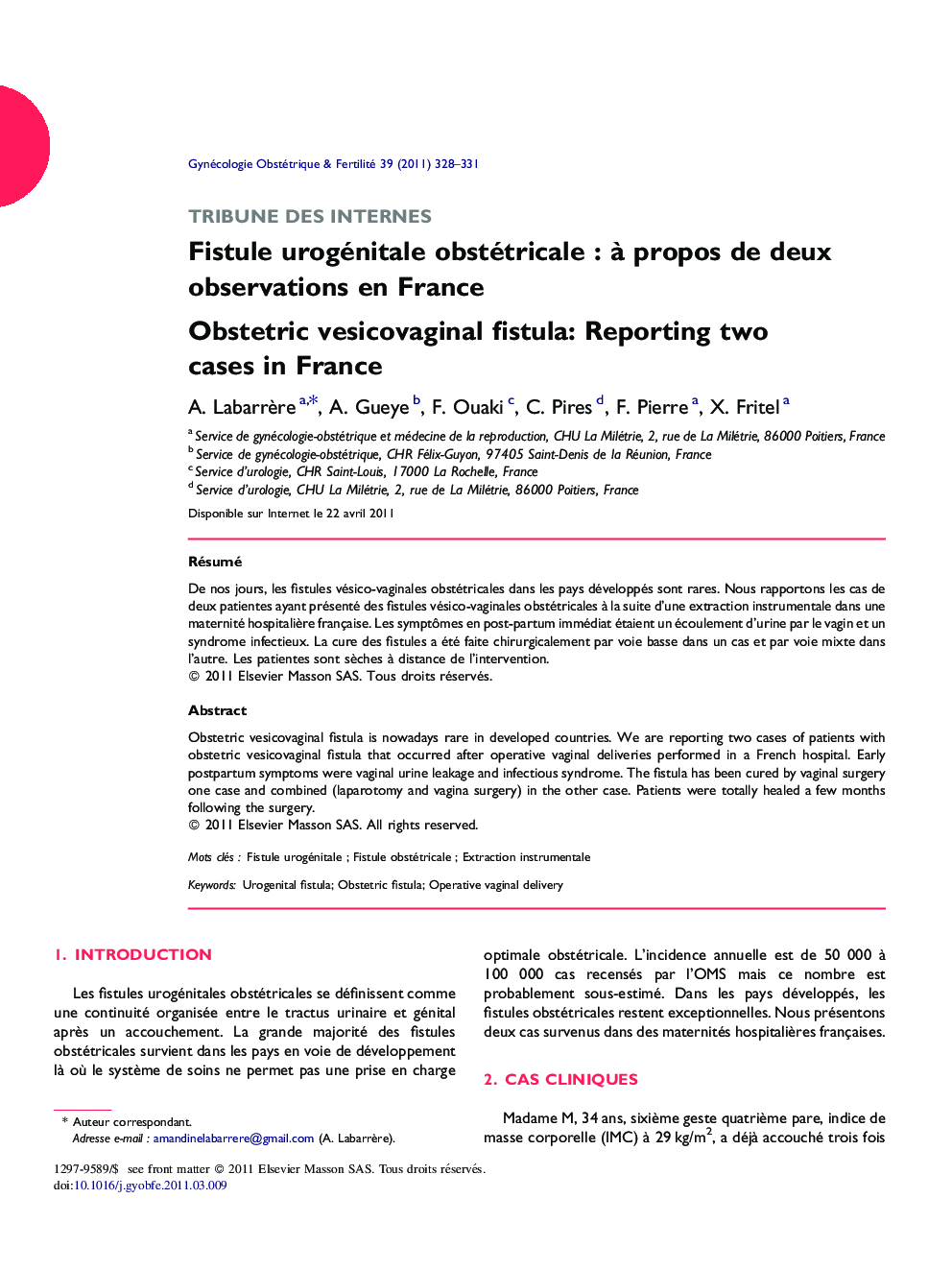 Fistule urogénitale obstétricale : à propos de deux observations en France