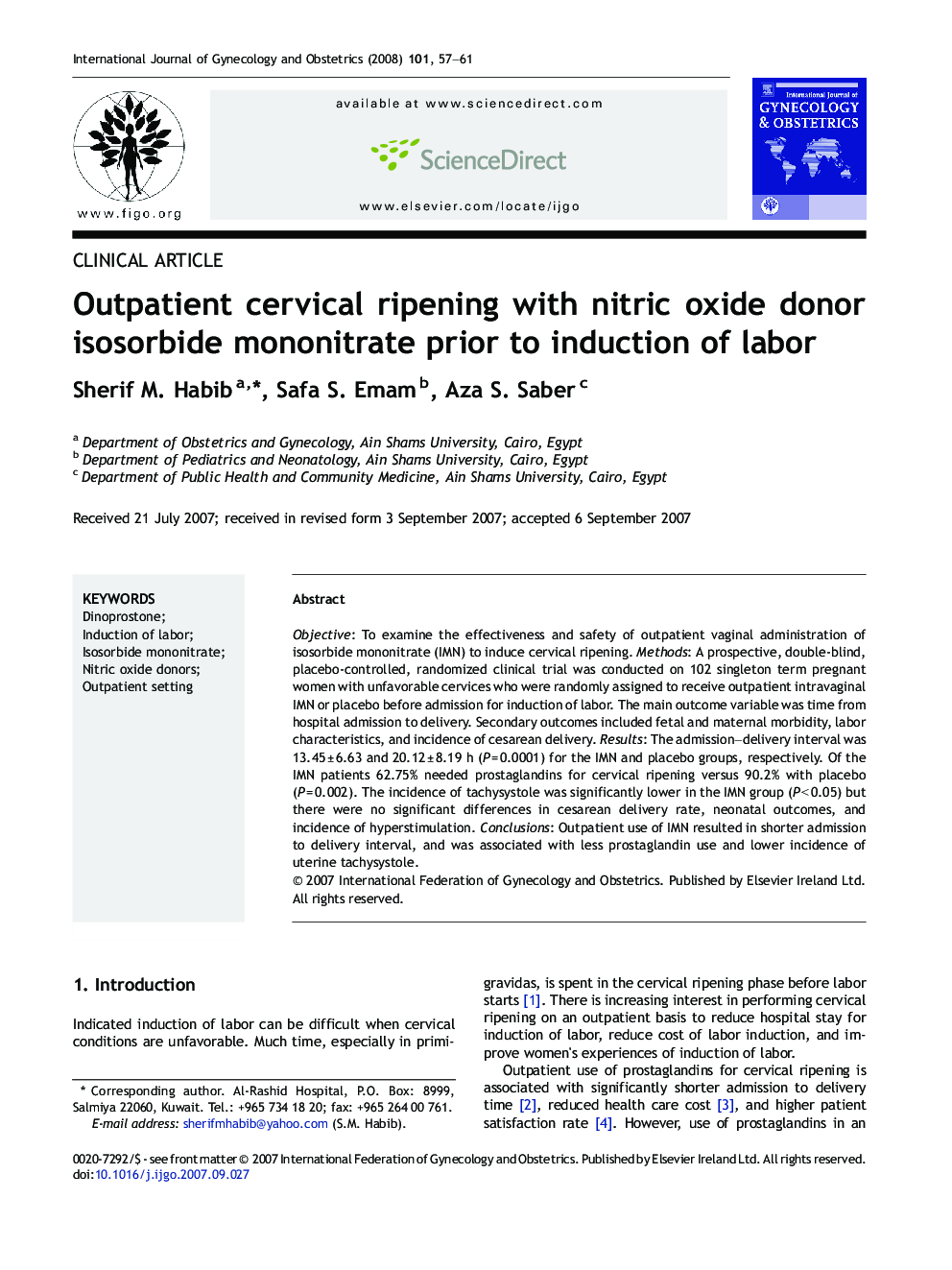 Outpatient cervical ripening with nitric oxide donor isosorbide mononitrate prior to induction of labor