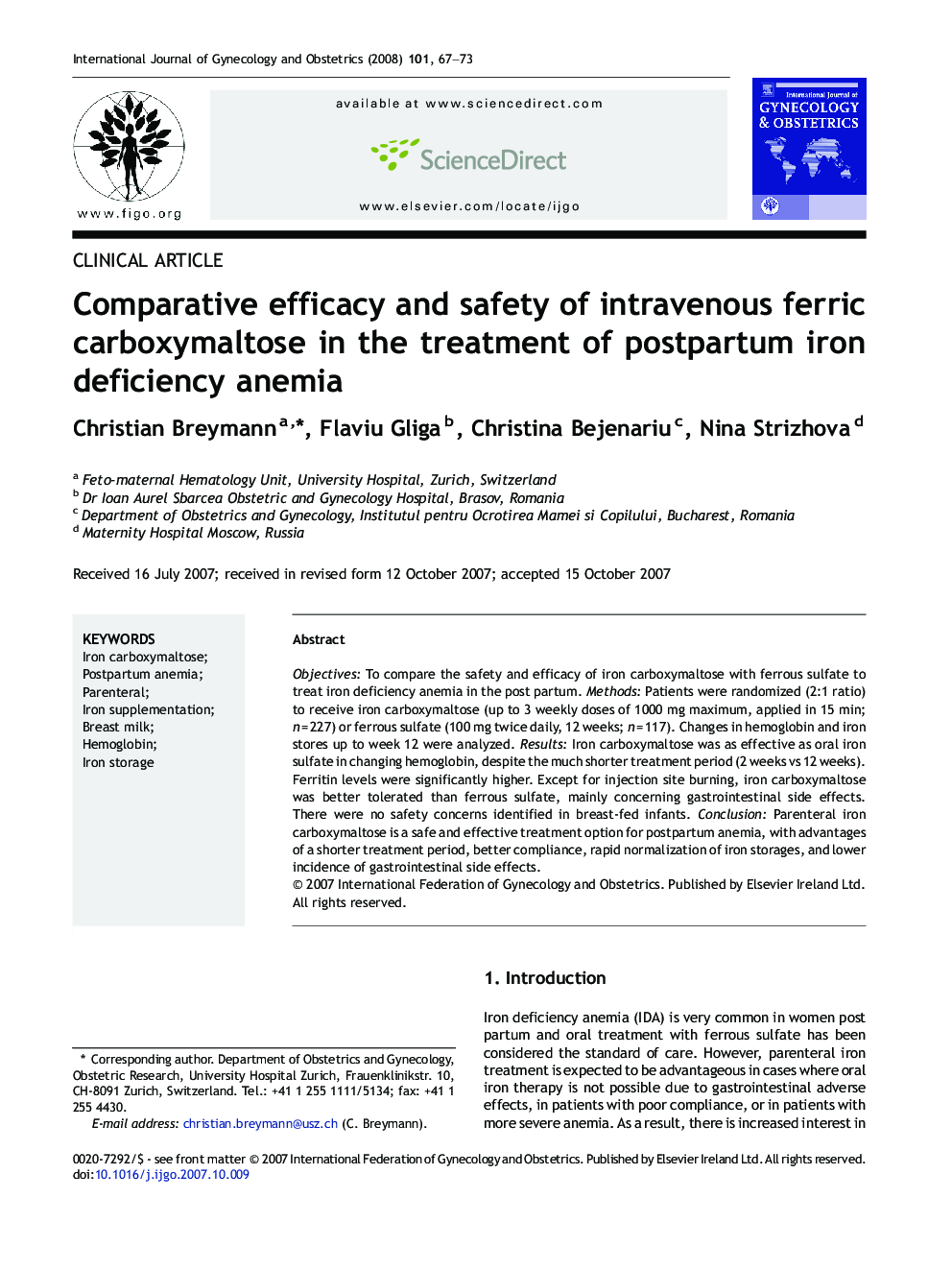 Comparative efficacy and safety of intravenous ferric carboxymaltose in the treatment of postpartum iron deficiency anemia