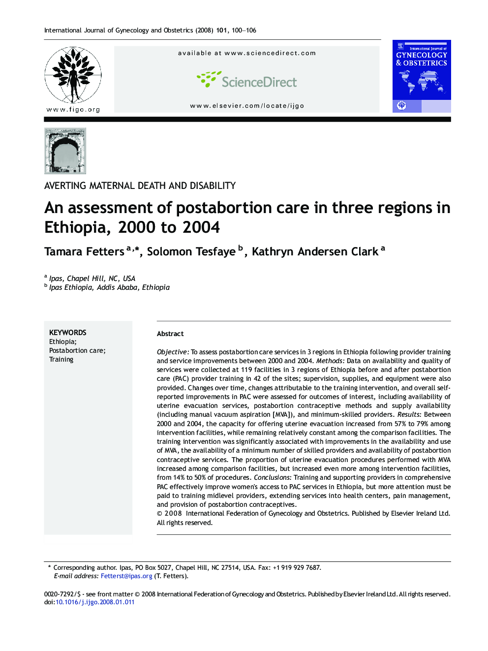 An assessment of postabortion care in three regions in Ethiopia, 2000 to 2004