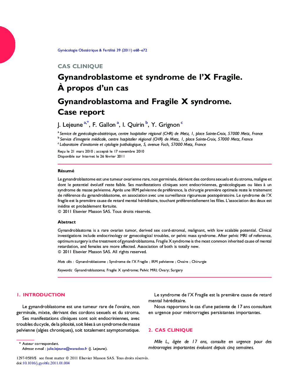 Gynandroblastome et syndrome de l’X Fragile. À propos d’un cas