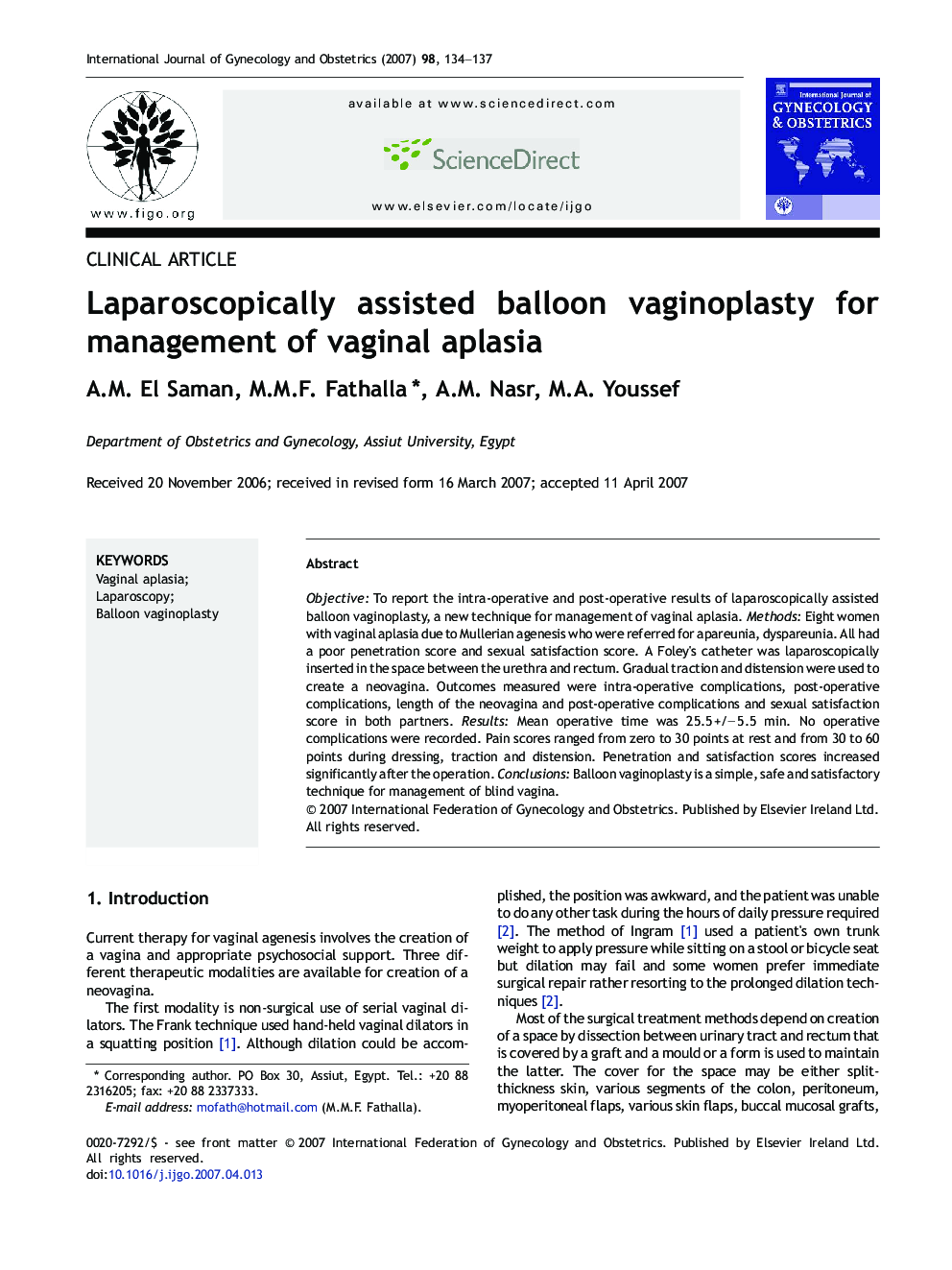 Laparoscopically assisted balloon vaginoplasty for management of vaginal aplasia