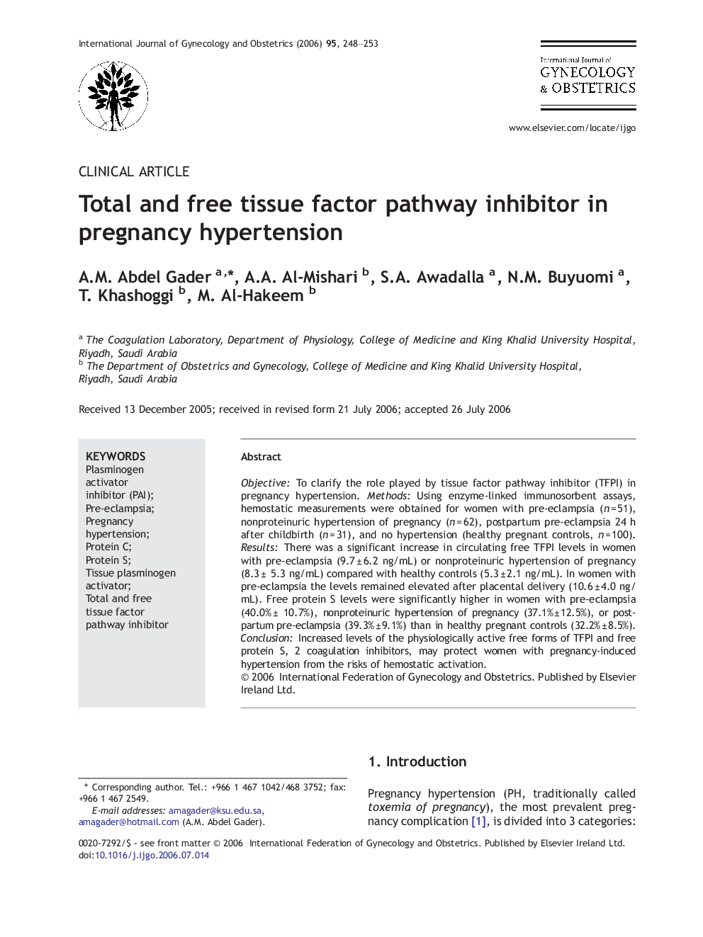 Total and free tissue factor pathway inhibitor in pregnancy hypertension