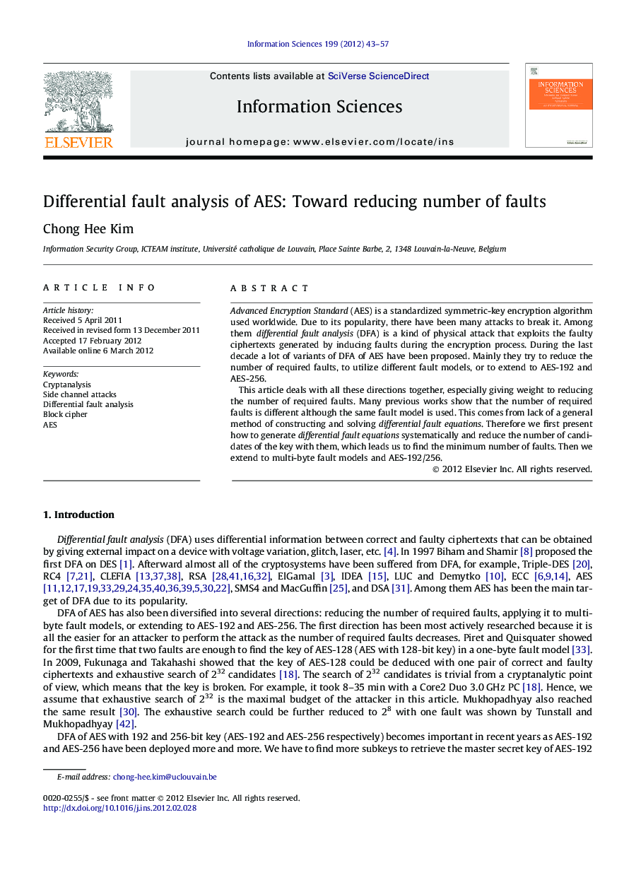 Differential fault analysis of AES: Toward reducing number of faults