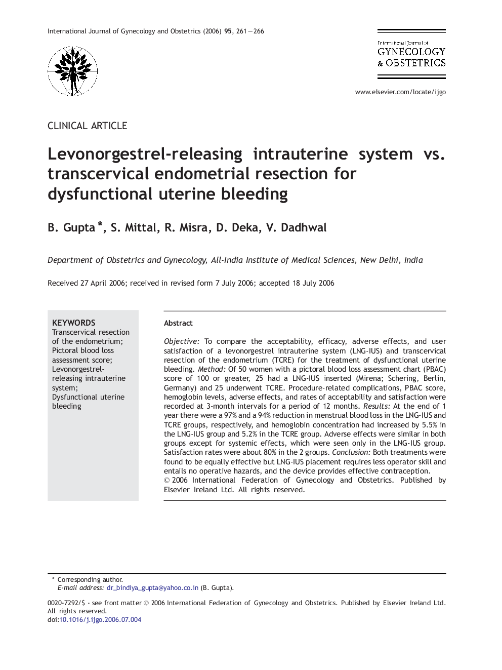 Levonorgestrel-releasing intrauterine system vs. transcervical endometrial resection for dysfunctional uterine bleeding