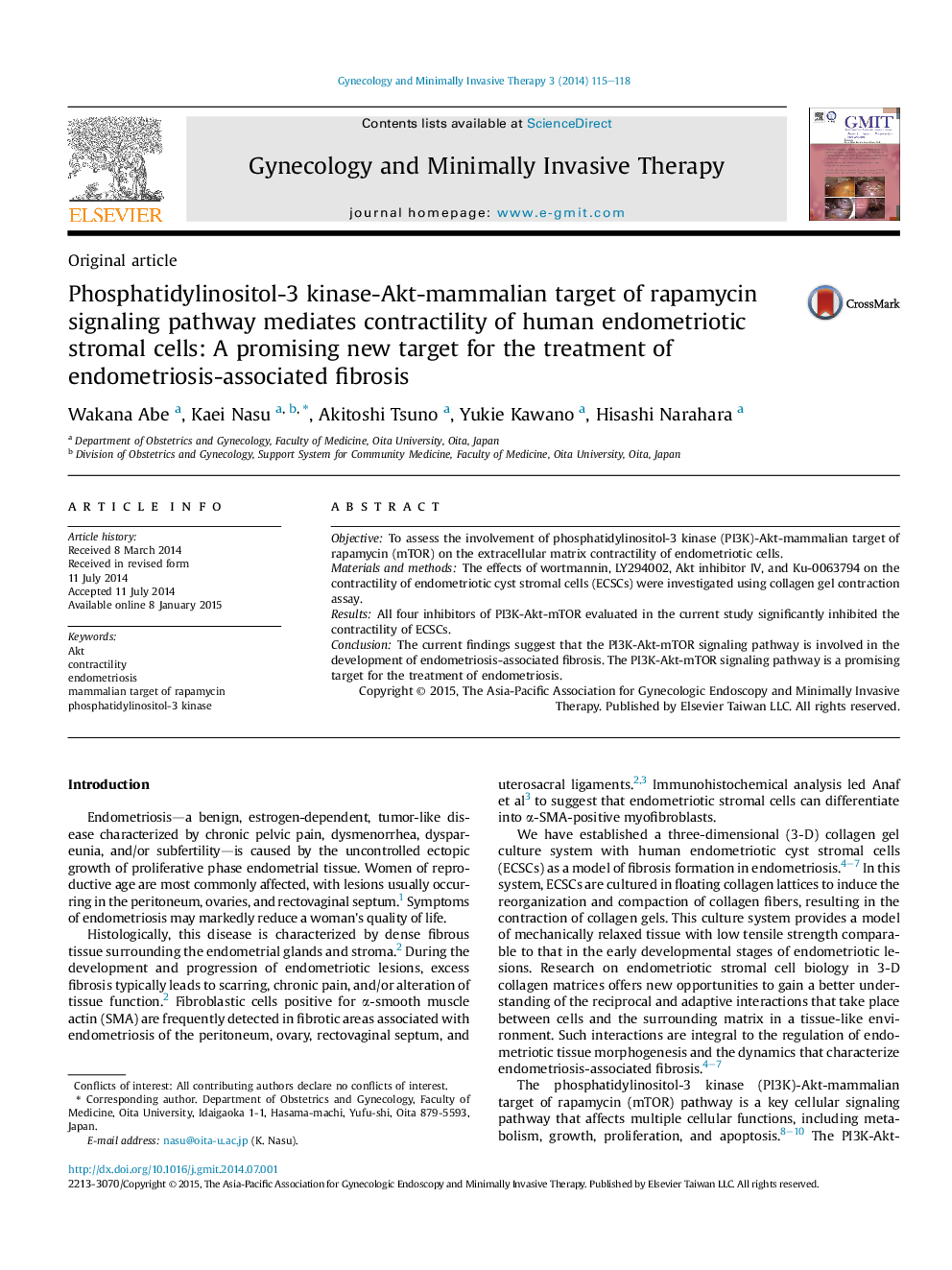 Phosphatidylinositol-3 kinase-Akt-mammalian target of rapamycin signaling pathway mediates contractility of human endometriotic stromal cells: A promising new target for the treatment of endometriosis-associated fibrosis 