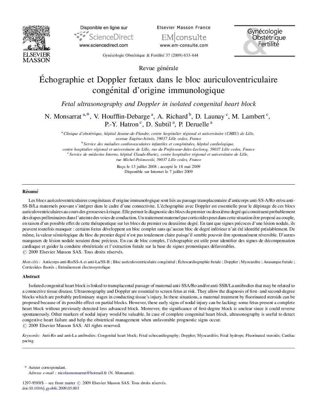 Échographie et Doppler fœtaux dans le bloc auriculoventriculaire congénital d’origine immunologique